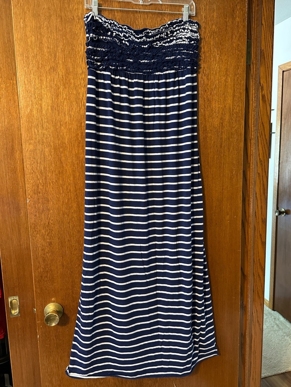 Xhilaration Navy White Striped Dress Maxi Strapless Ruched Front - Picture 1 of 6
